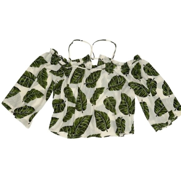 Off Shoulder Tropical Leaf Print Blouse White Green Vacation Top M - Picture 8 of 10